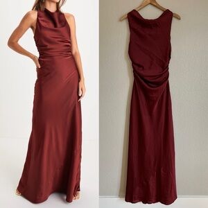 NWOT Effortlessly Sensational Wine Red Satin Backless Maxi Dress